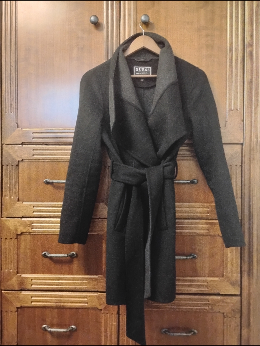 Guess Asymmetrical Contrast Shawl Collar Belted Wrap Coat